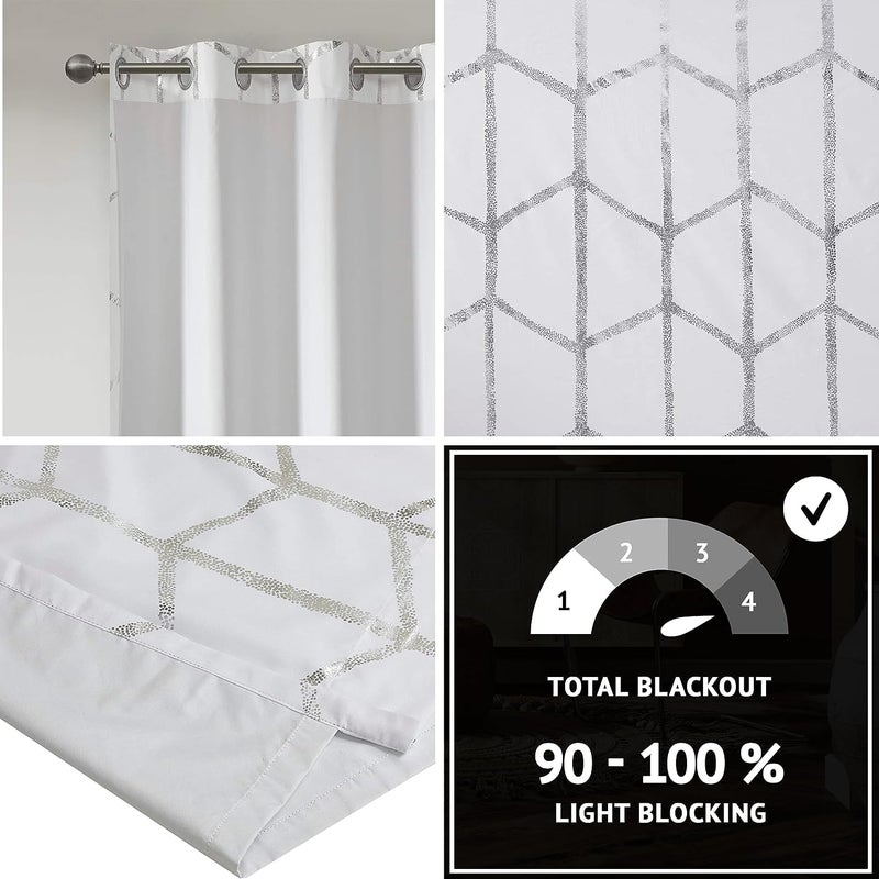 Intelligent Design Blackout Window Curtain, Light Blocking Curtains for Living Room, Thermal Insulated Window Panel with Metallic Print and Grommet Top, 50"x63", White/Silver, 1 Piece - Image 2